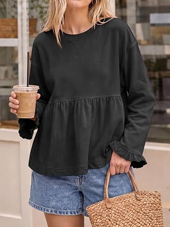 Women Crew Neck Ruffle Cuff Peplum Top