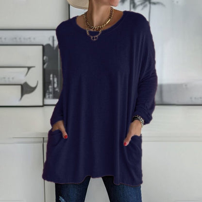 ⏰HOT SALE-Round Neck Long Sleeve Loose Pocket Solid T-Shirt