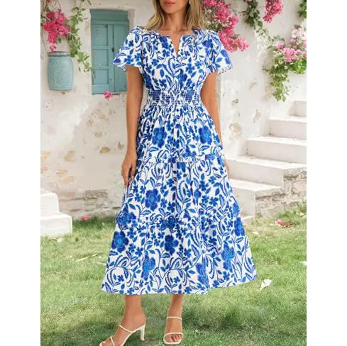 Women‘s Summer Short Sleeve Maxi Dresses Casual Floral