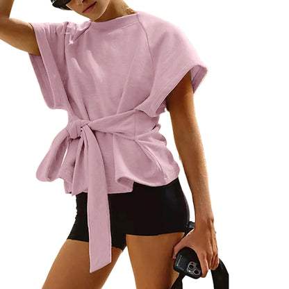Women's Tie Waist Short Sleeve Crewneck Tee, Slimming Knot Front T-Shirt