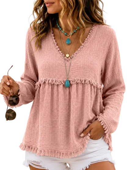 🎀Boho Fringe V Neck Long Sleeve Tunic Blouse