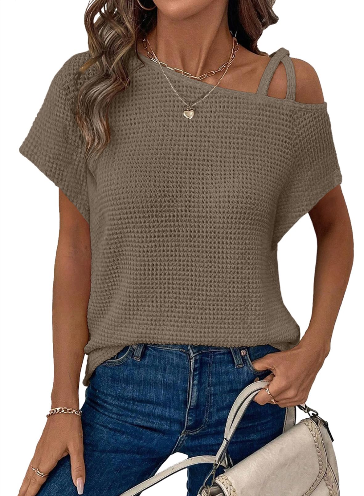 ✨Women's Off One Shoulder Waffle Knit Short Sleeve T-Shirts