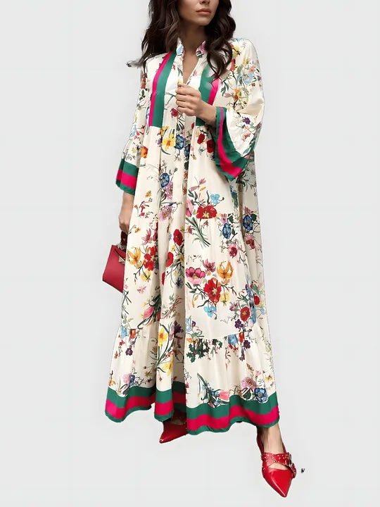 Vintage Floral Boho Long Sleeve Maxi Dress