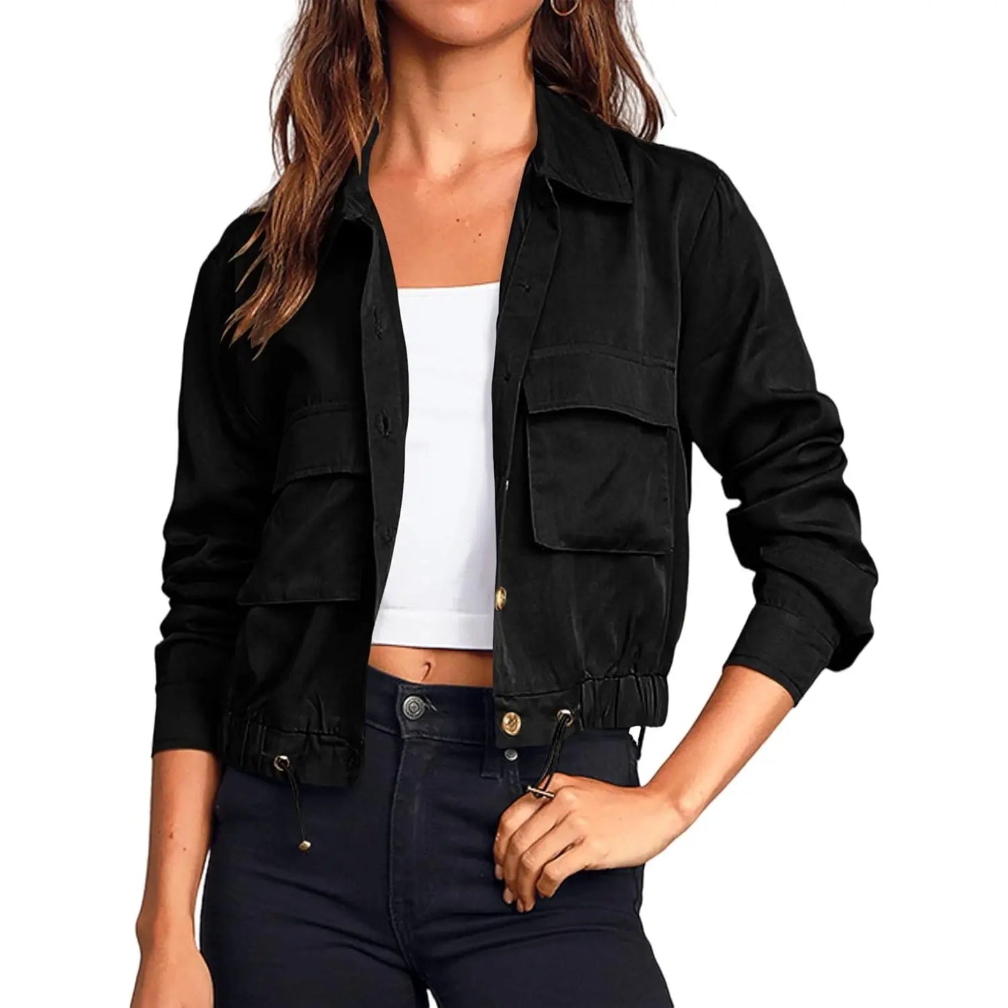 Women Lapel Collar Button Down Pocket Drawstring Hem Cargo Windbreaker Jacket