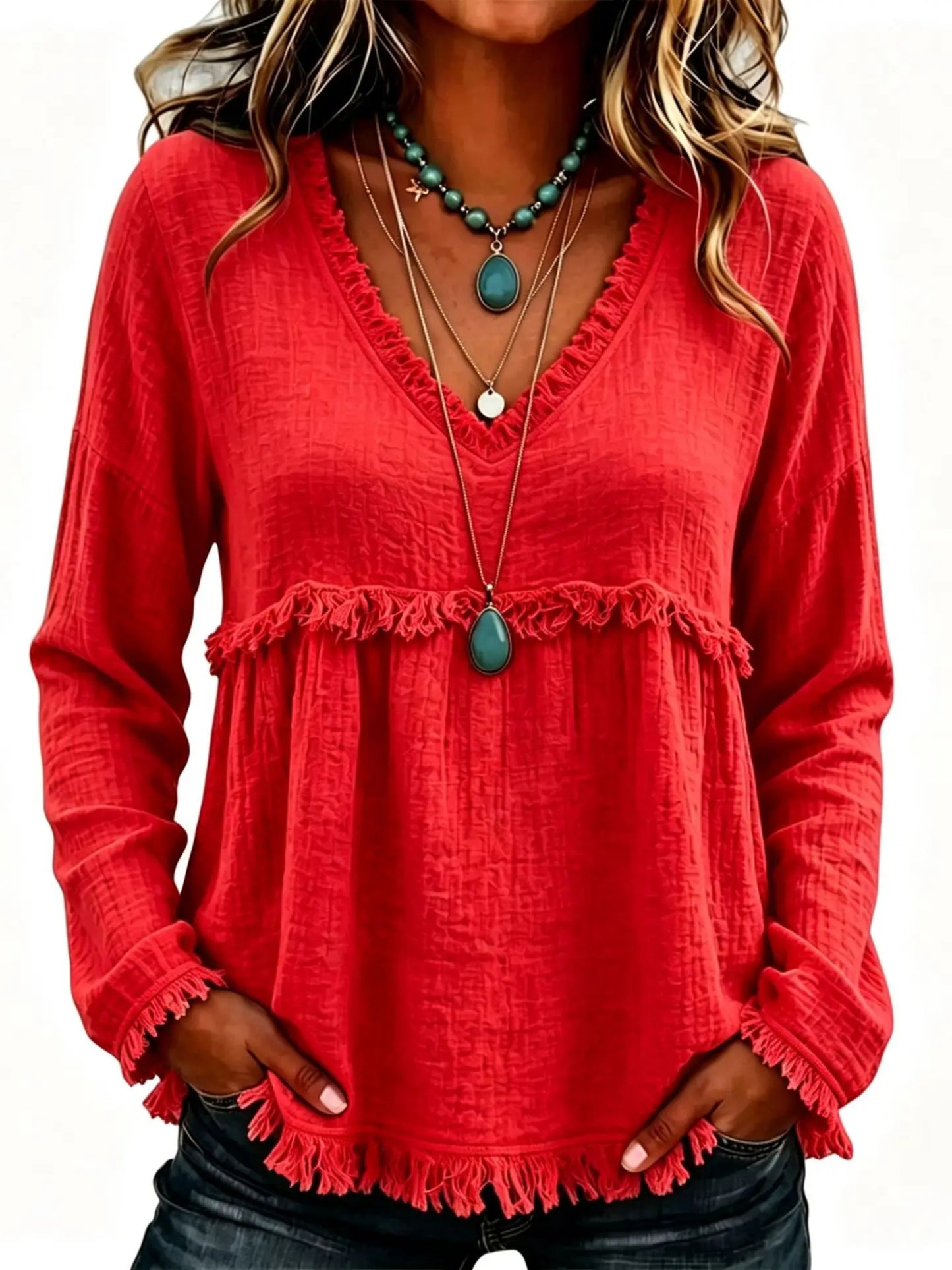 Boho V‑Neck Fringe Long Sleeve Top | Babydoll Loose Silhouette