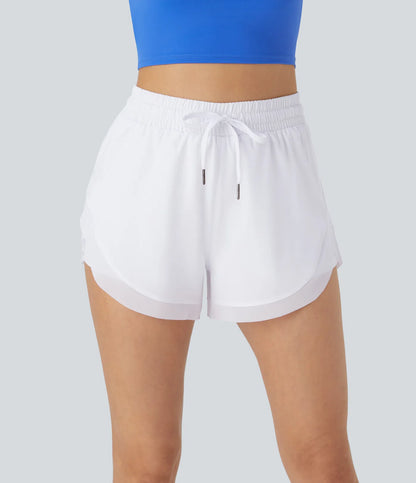 ✨Women Mid Rise Drawstring Contrast Mesh 2-in-1 Flowy Running Shorts 3''