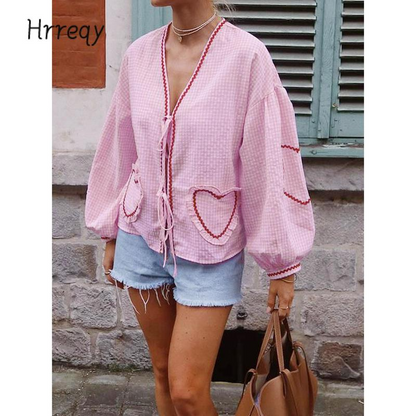 ⏰Hot Sale-Women Long Sleeve Shirts Heart Embroidery Plaid Front Bowknot Tie-Up Blouses
