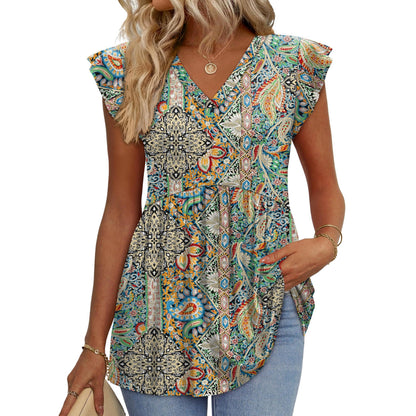 Women's Floral V-Neck Ruffle Sleeve Babydoll Blouse