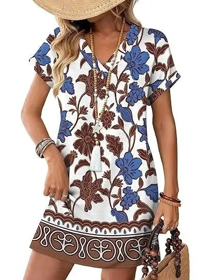 ⏰Hot Sale-Women's V-Neck Print Short Sleeve T-Shirt Dress