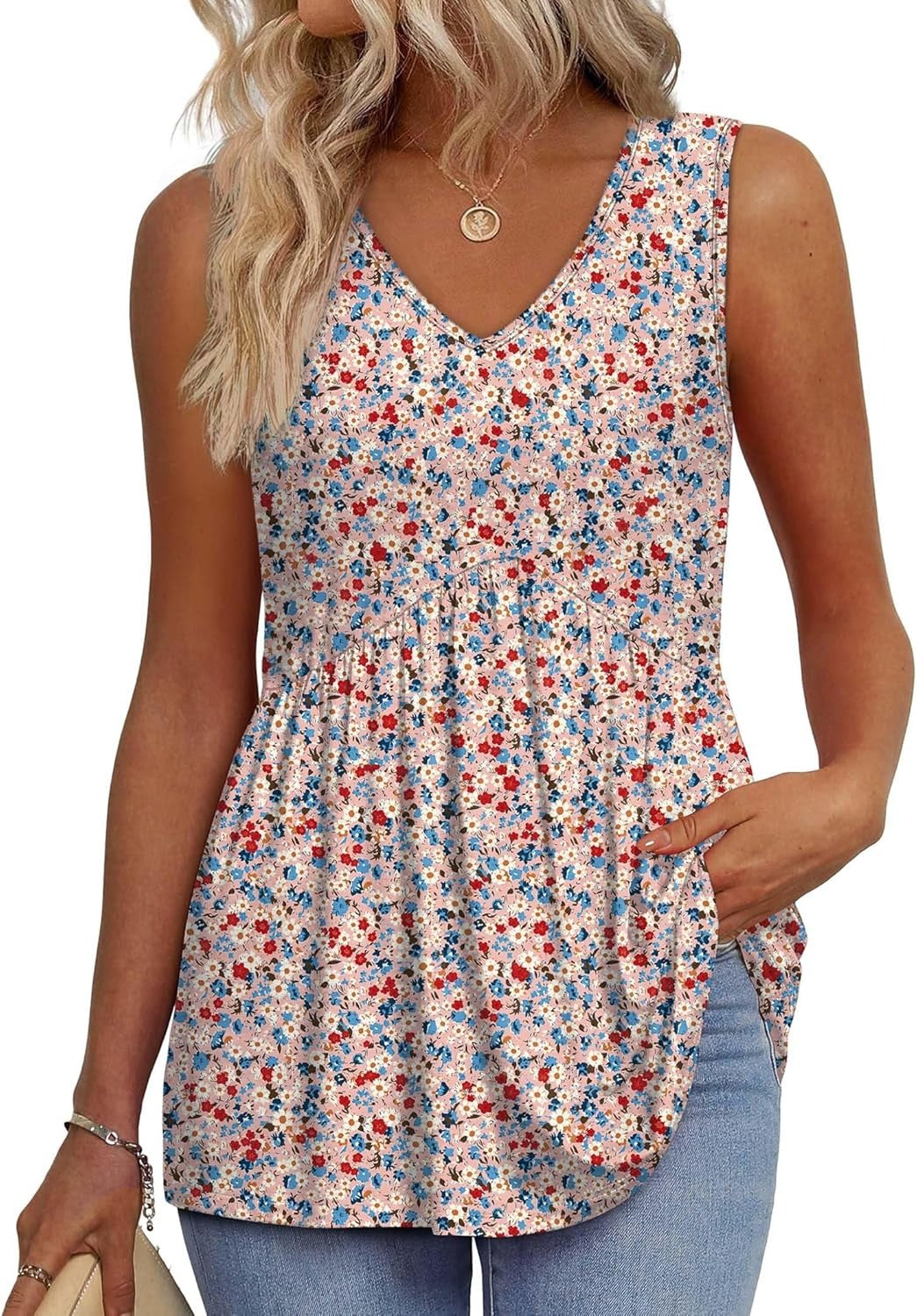 📣Women's Print Flowy Sleeveless V Neck Peplum Tank Tops