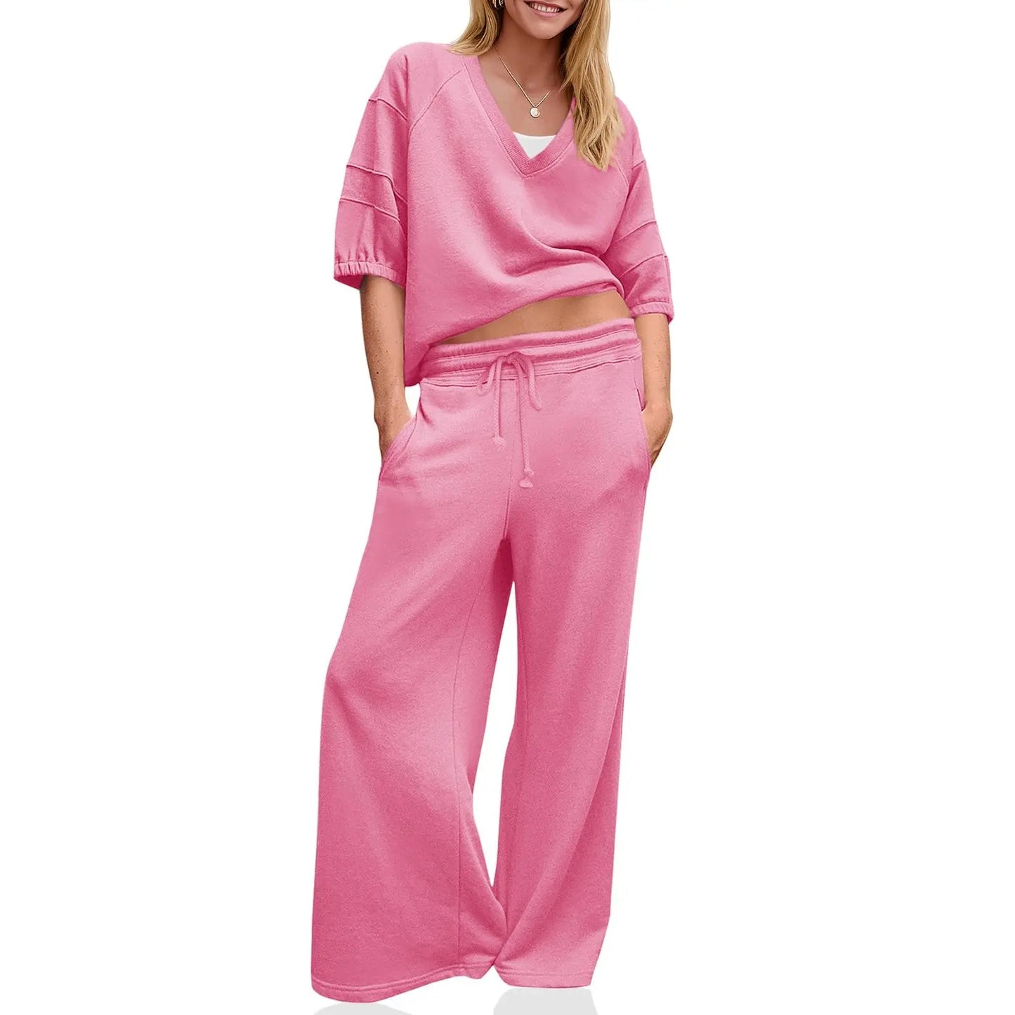 Womens 2 Piece Outfits Casual V Neck Shirts Wide Leg