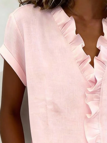 Women's V-Neck Ruffle Trim Short Sleeve Blouse