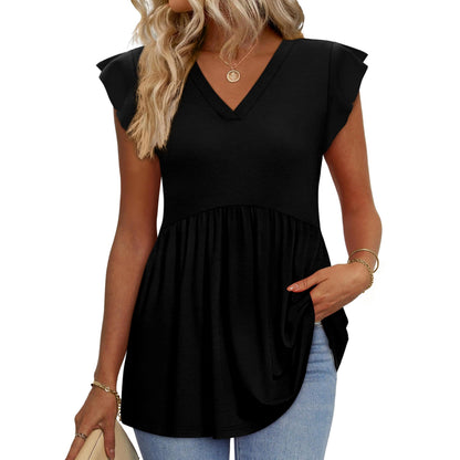 Women's Floral V-Neck Ruffle Sleeve Babydoll Blouse