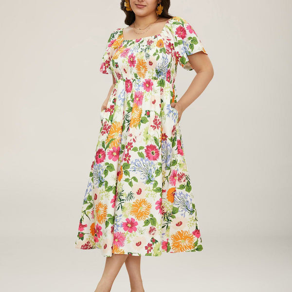 Floral Square Neck Midi Dress with Pockets