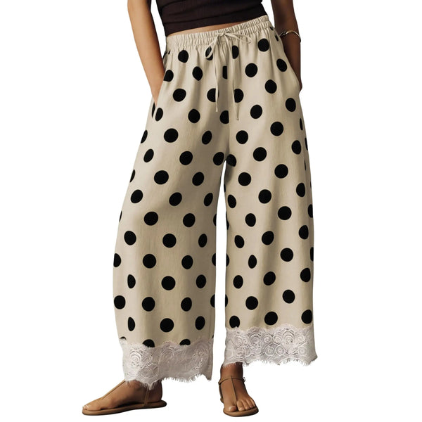 Polka Dot Lace Hem Elastic Waist Wide Leg Crop Pants