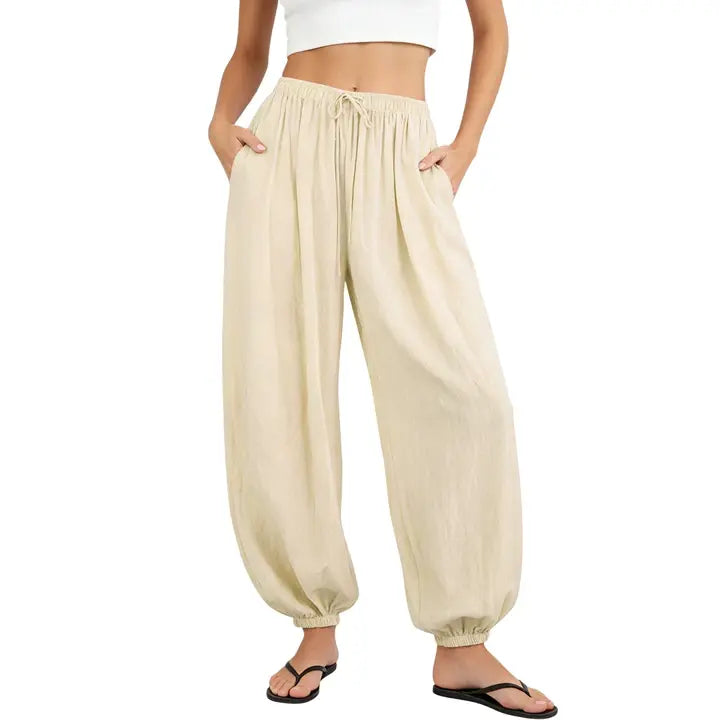 Drawstring Pocket Linen Casual Jogger Pants