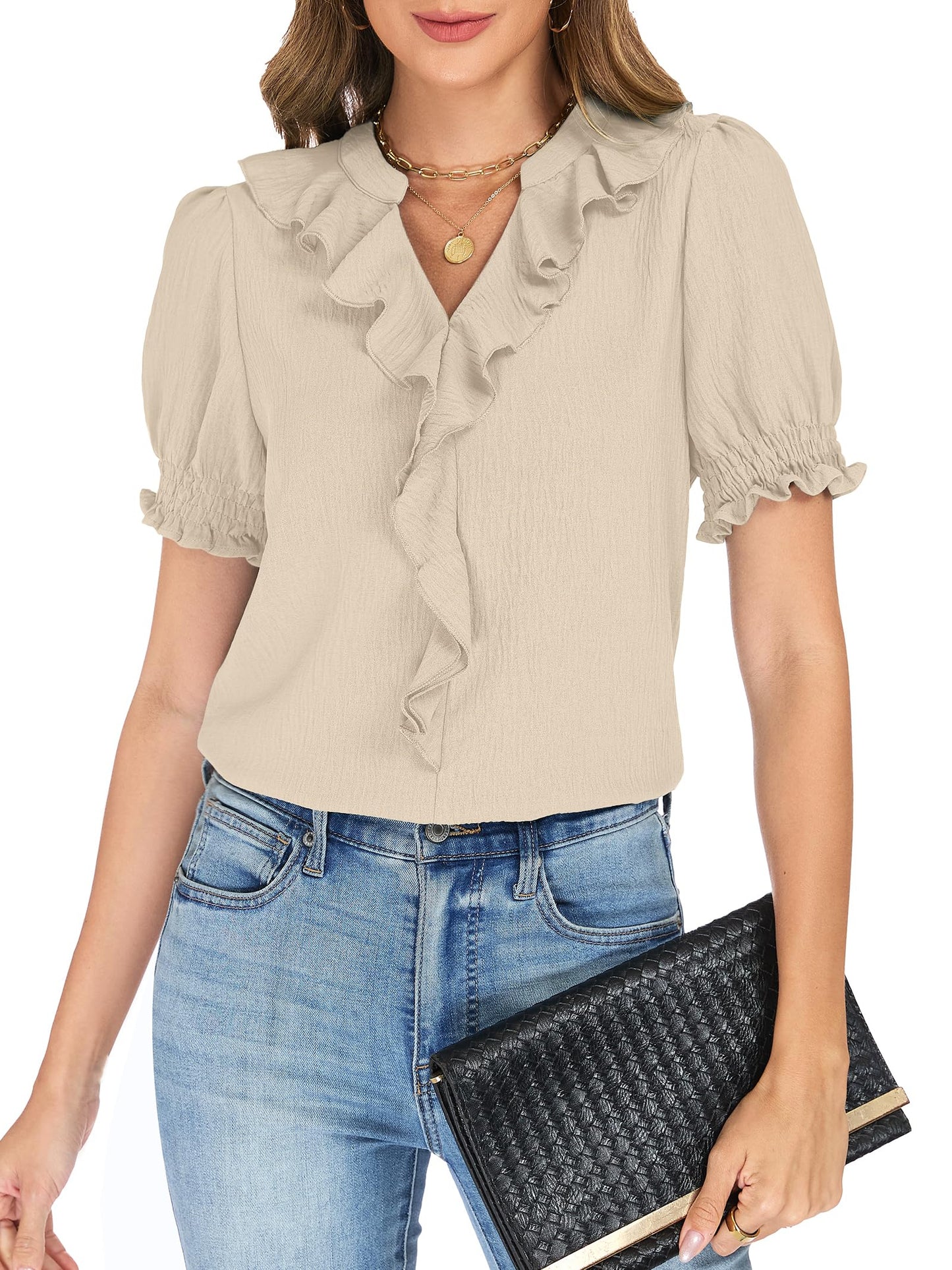 Womens Blouses Dressy Casual Puff Sleeve V Neck Ruffle Tops