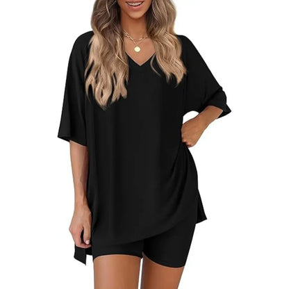 Buttery Soft Lounge Set for Women – Oversized V-Neck Tee & Matching Shorts