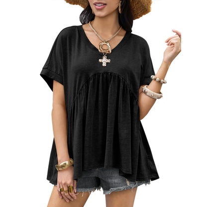 V Neck Ruffle Peplum Short Sleeve Tunic Top