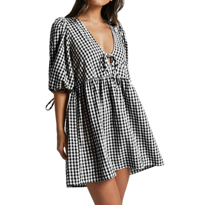 V Neck Tie Front Puff Sleeve Gingham Mini Dress