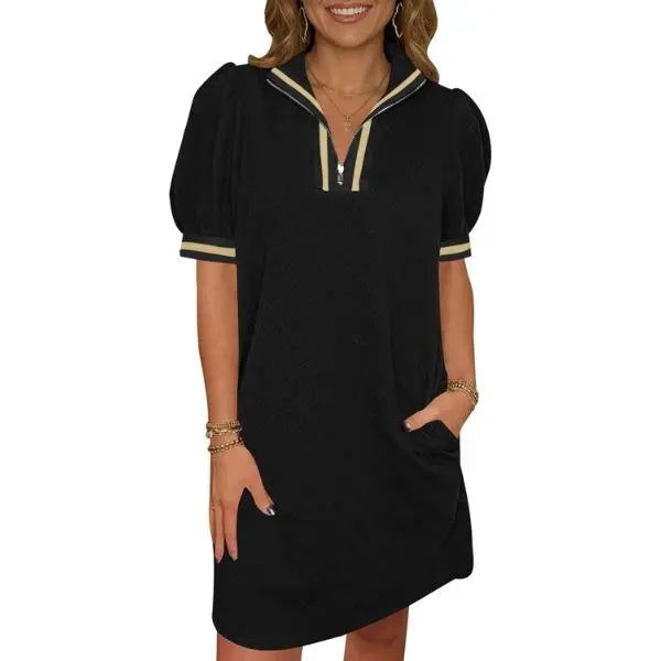 Color Block Collar Zip Puff Sleeve Casual Mini Dress