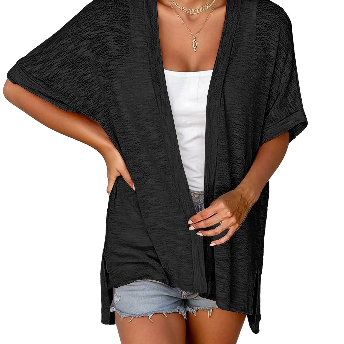 Slub Knit Open Front Roll Cuff Short Sleeve Side Slit Lightweight Cardigan