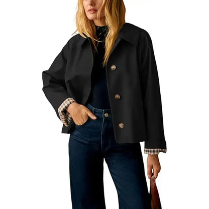 Women Lapel Collar Plaid Lined Single Breasted Cropped Outerwear