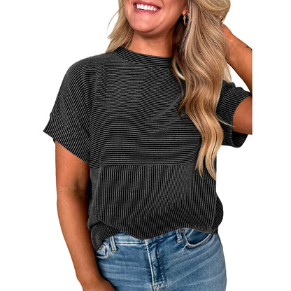 Women Textured Rib Splice Crew Neck Loose Fit Knit Short Sleeve T-shirt