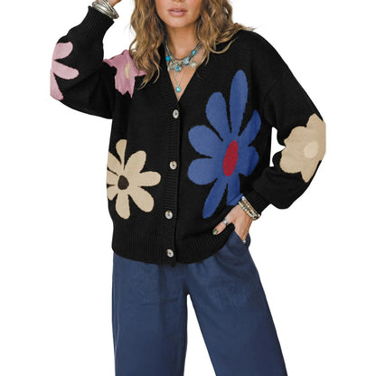 V-Neck Floral Pattern Button Knit Cardigan