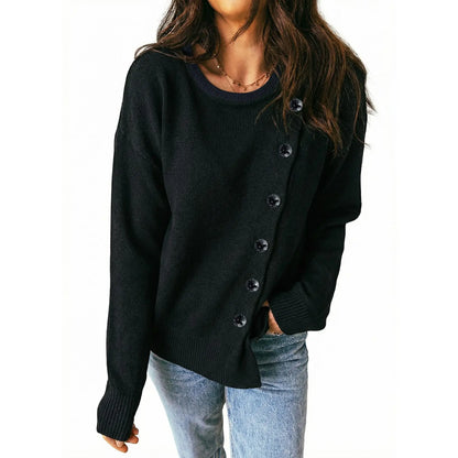 Women Long Sleeve Crew Neck Asymmetric Diagonal Button Knit Top