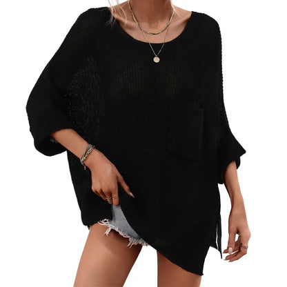 Women Boat Neck Batwing Sleeve Knit Top with Pocket & Side Slit Hem