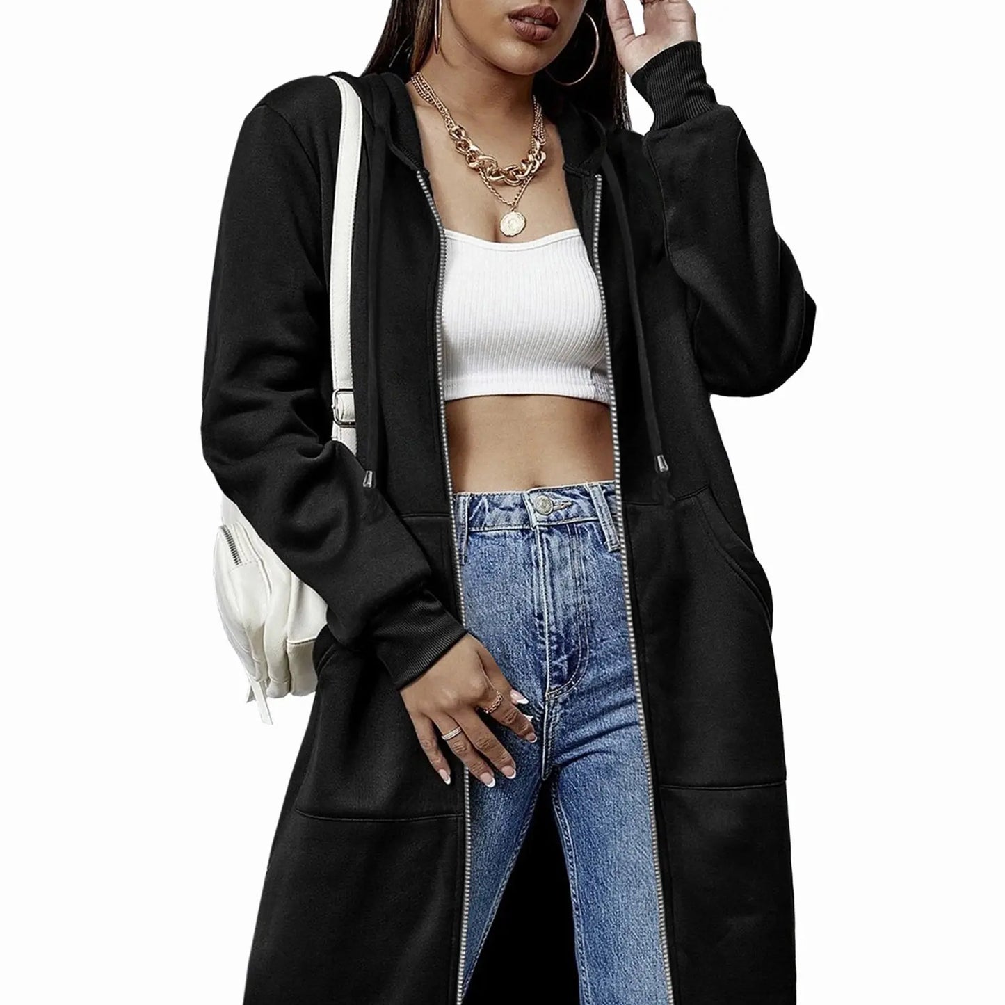 Women Oversized Full Zip Long Length Hooded Jacket with Side Pockets