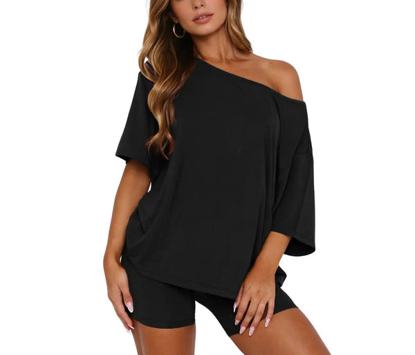 Off Shoulder Loose Top & High Waist Shorts Loungewear Set