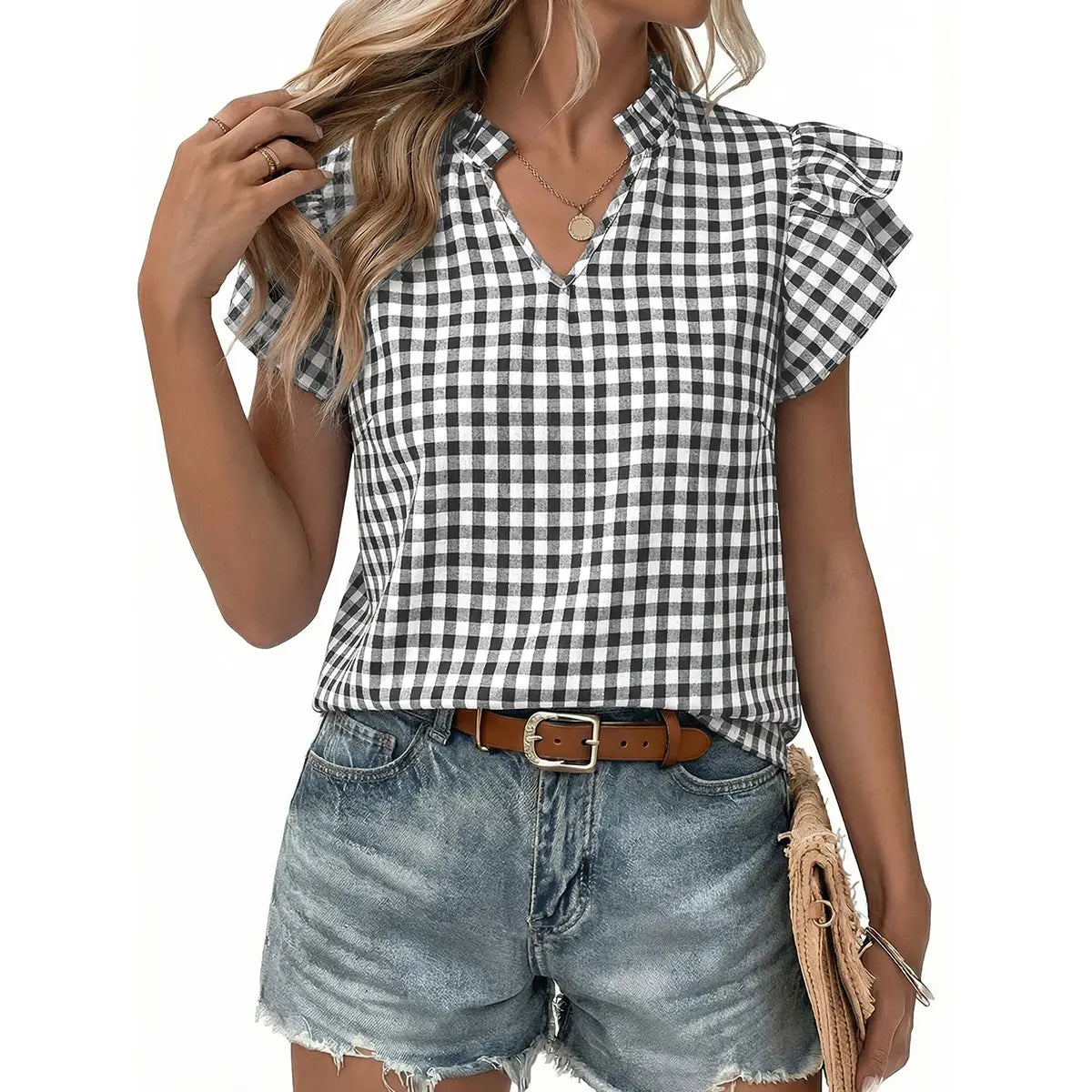 Gingham Ruffle Cap Sleeve V Neck Casual Blouse