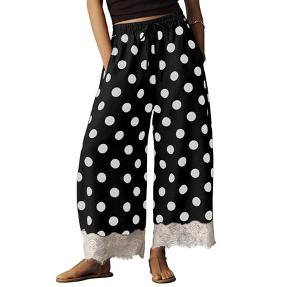 Polka Dot Lace Hem Elastic Waist Wide Leg Crop Pants
