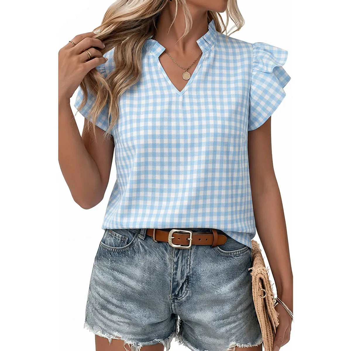 Gingham Ruffle Cap Sleeve V Neck Casual Blouse