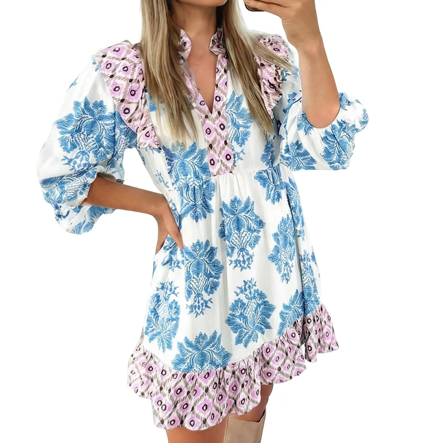 Women Puff Sleeve Ruffled Patchwork Printed V Neck Mini Dress with Pockets