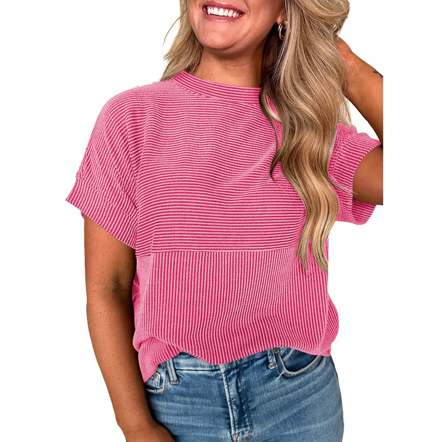 Women Textured Rib Splice Crew Neck Loose Fit Knit Short Sleeve T-shirt