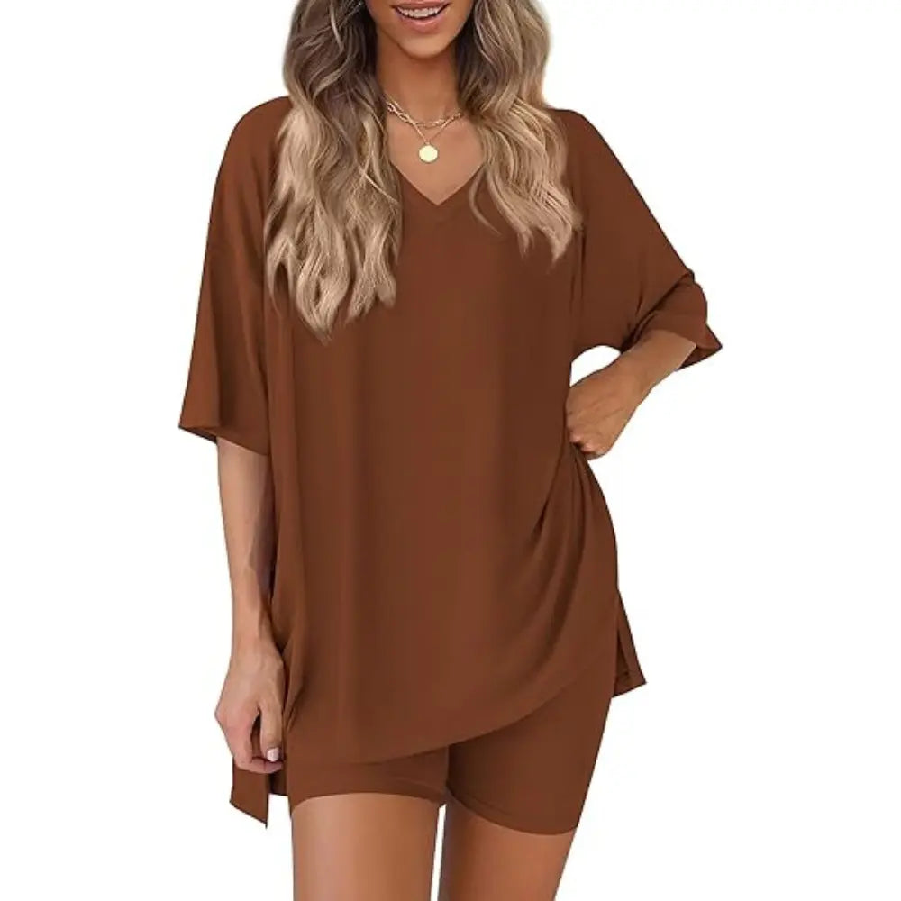 Buttery Soft Lounge Set for Women – Oversized V-Neck Tee & Matching Shorts