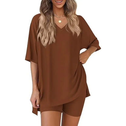 Buttery Soft Lounge Set for Women – Oversized V-Neck Tee & Matching Shorts