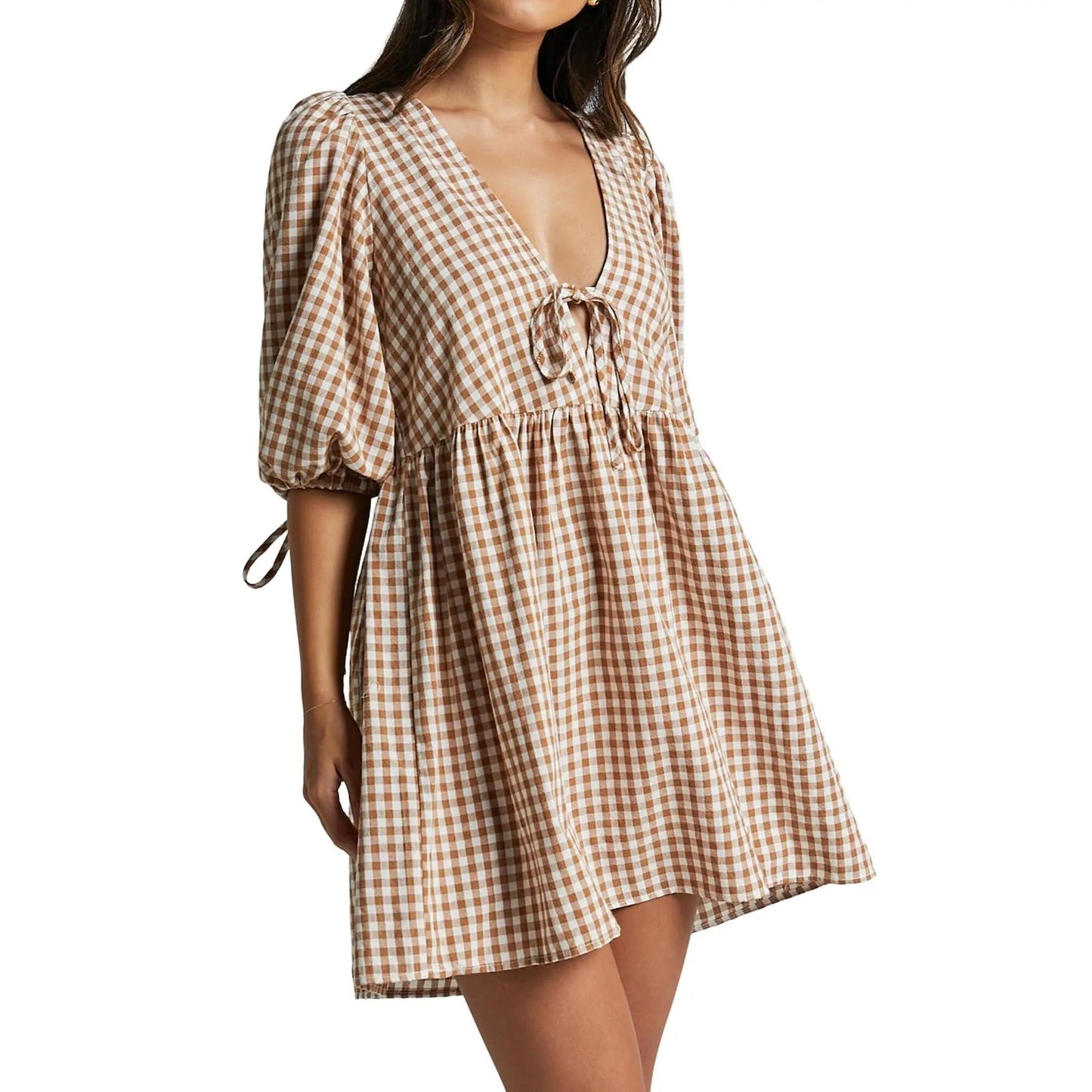 V Neck Tie Front Puff Sleeve Gingham Mini Dress