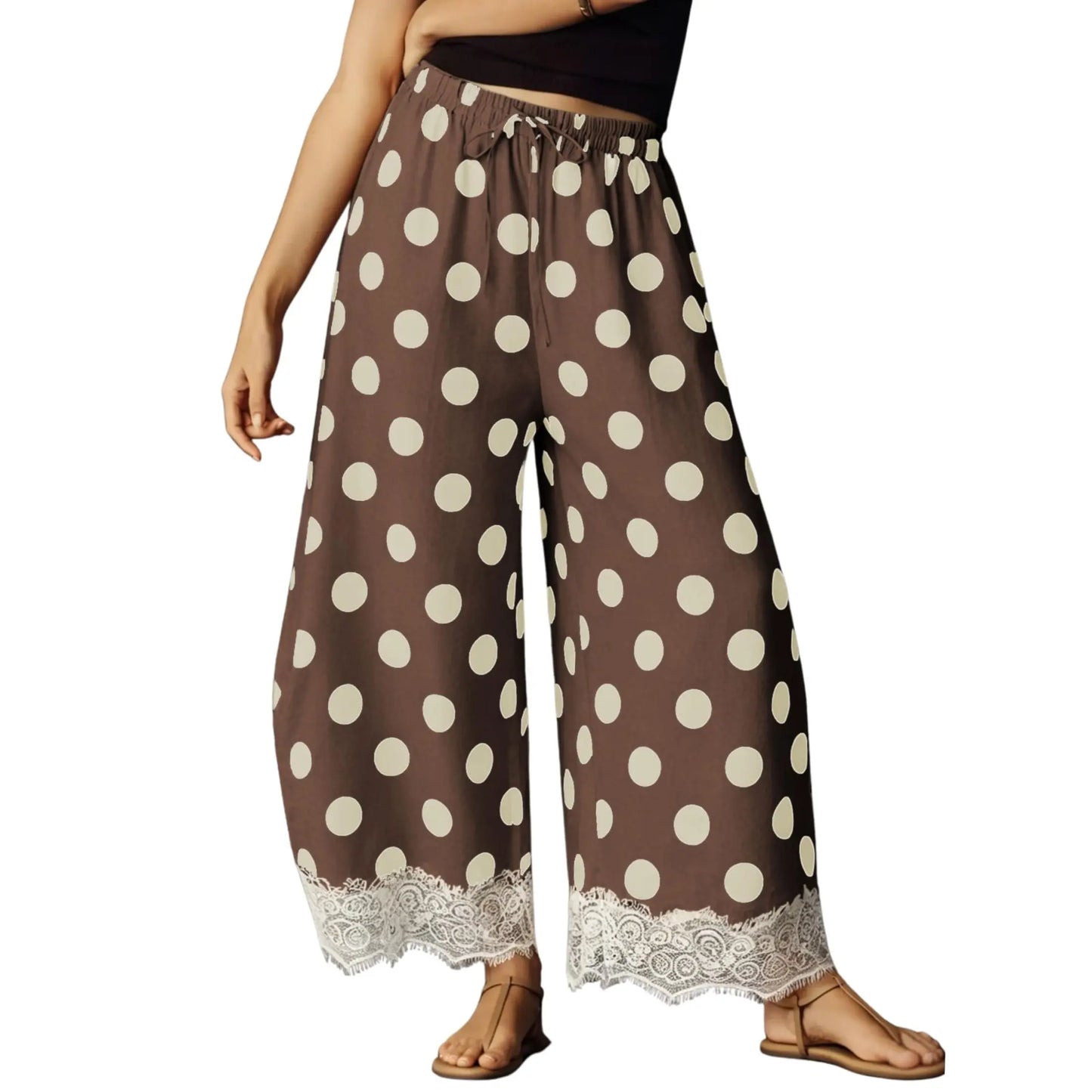 Polka Dot Lace Hem Elastic Waist Wide Leg Crop Pants