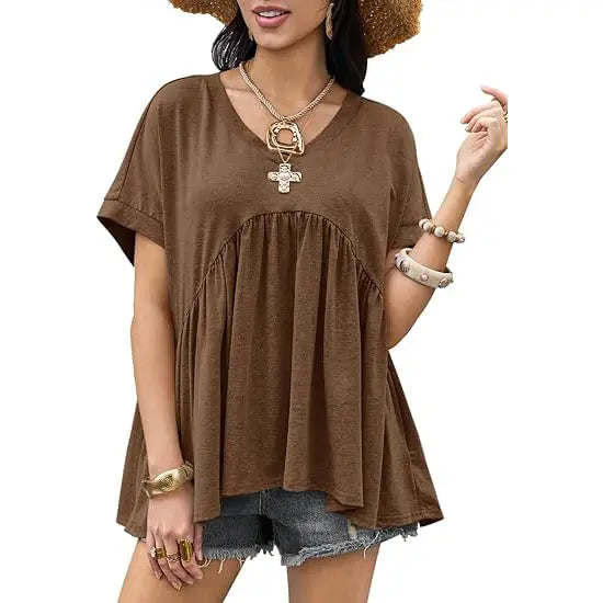 V Neck Ruffle Peplum Short Sleeve Tunic Top