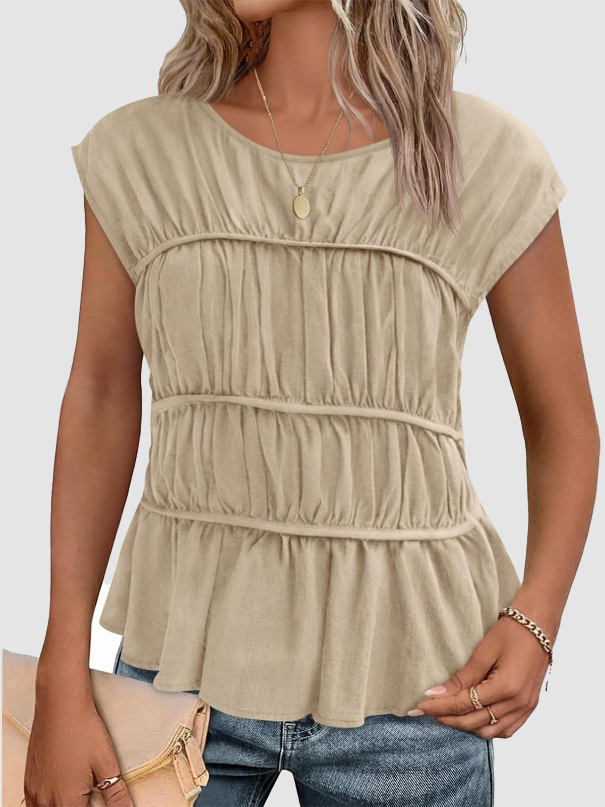 Women Cap Sleeve Smocked Peplum Babydoll Blouse Crew Neck Pleated Casual Top