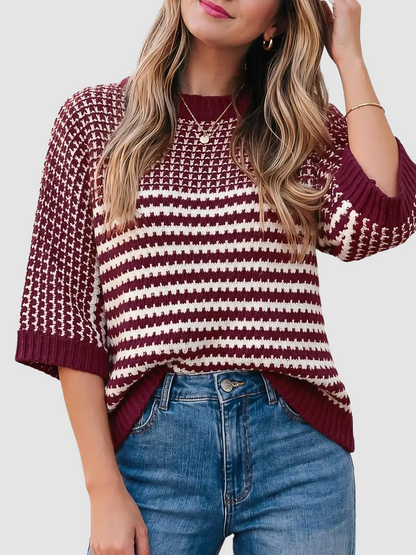 Raglan Half Sleeve Striped Splice Knit Sweater