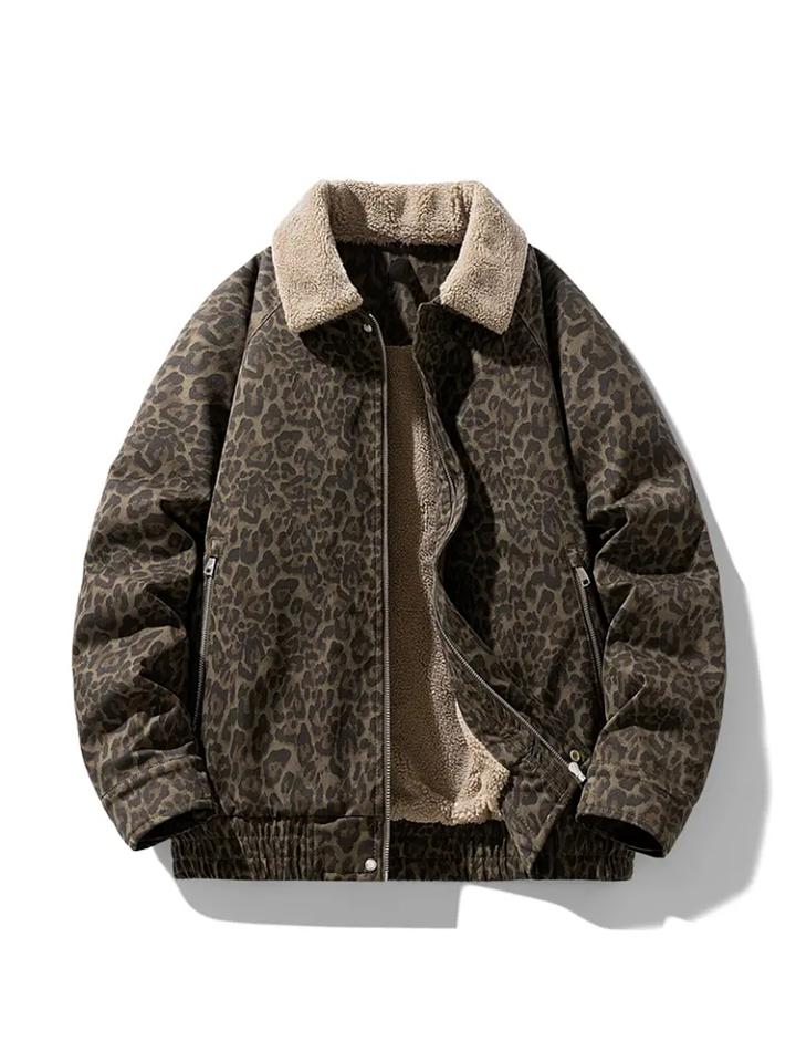 Vintage Leopard Print Lapel Fleece‑Lined Warm Winter Jacket