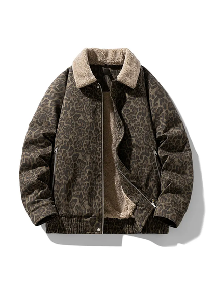 Vintage Leopard Print Lapel Fleece‑Lined Warm Winter Jacket