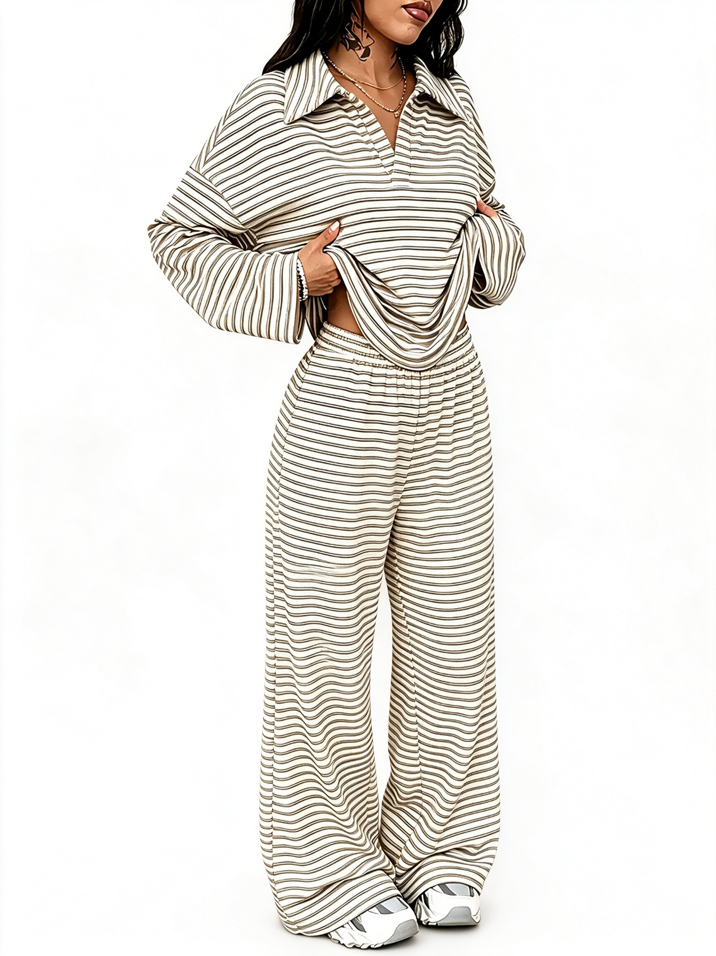 Women Striped V‑Neck Two‑Piece Casual Set