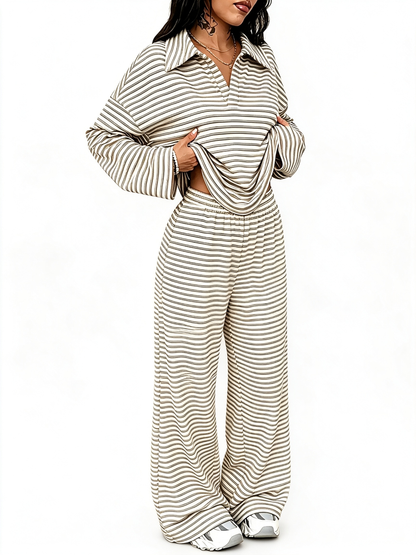 Women Striped V‑Neck Two‑Piece Casual Set