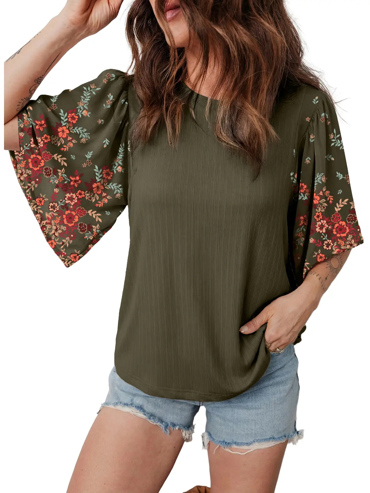 Women's Boho Floral Patchwork 3/4 Sleeve Blouse